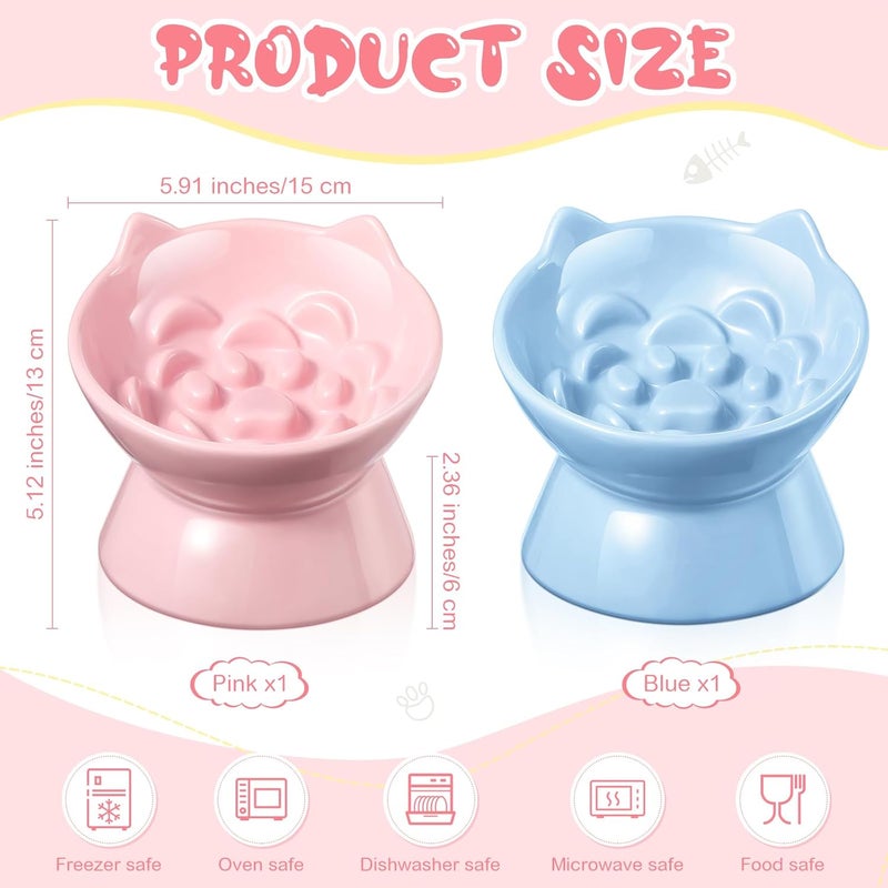 Funnymoom 2 Pcs Ceramic Elevated Slow Feeder Cat Bowl Cute Tilted Anti Vomiting Raised Cat Bowl for Dry Wet Food and Water Easy to Clean High Edge Pet for Small Dogs(Pink, Blue) - Image 2